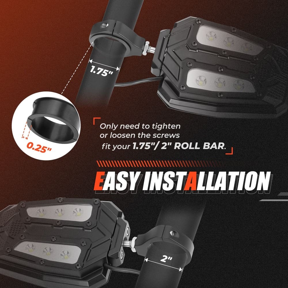 Kemimoto Universal 1.75"/2" Rear View Side Mirrors with LED Rock Light - 1 Pair