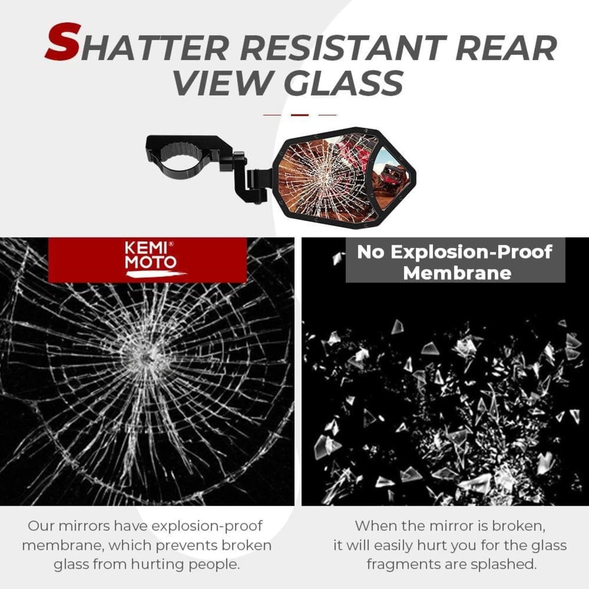 Kemimoto UTV 1.65"-2" Rear View Mirror & 1.6"-2" Round Tube Side Mirror