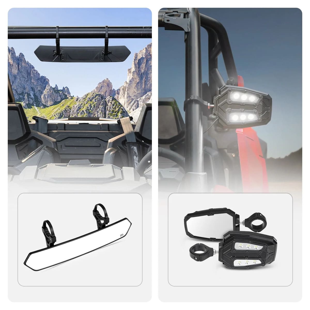 Kemimoto UTV 1.65"-2" Rear View Mirror & 1.75"-2" LED Side Mirror