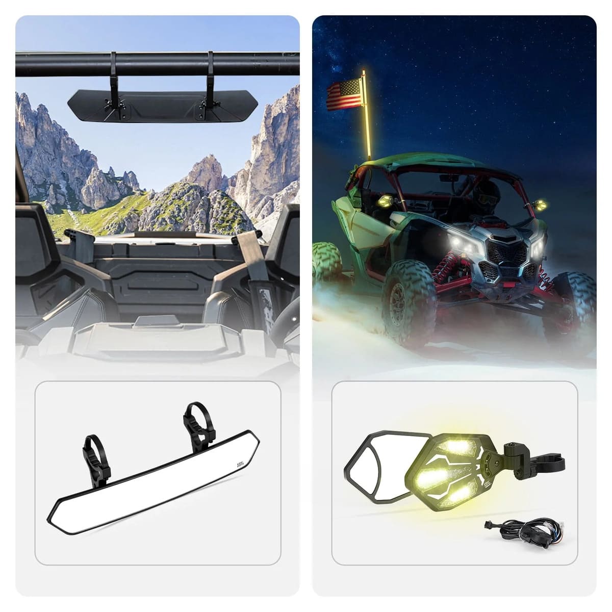 Kemimoto UTV 1.65"-2" RBG Light Side Mirror & 1.75" Convex Side Mirror