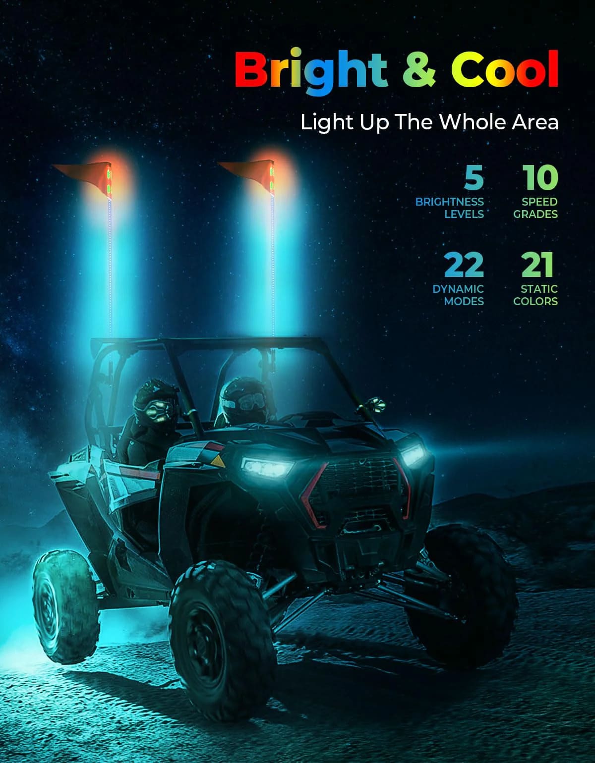 Kemimoto UTV 8 Pod Rock Light Kit & 5FT Whip Lights