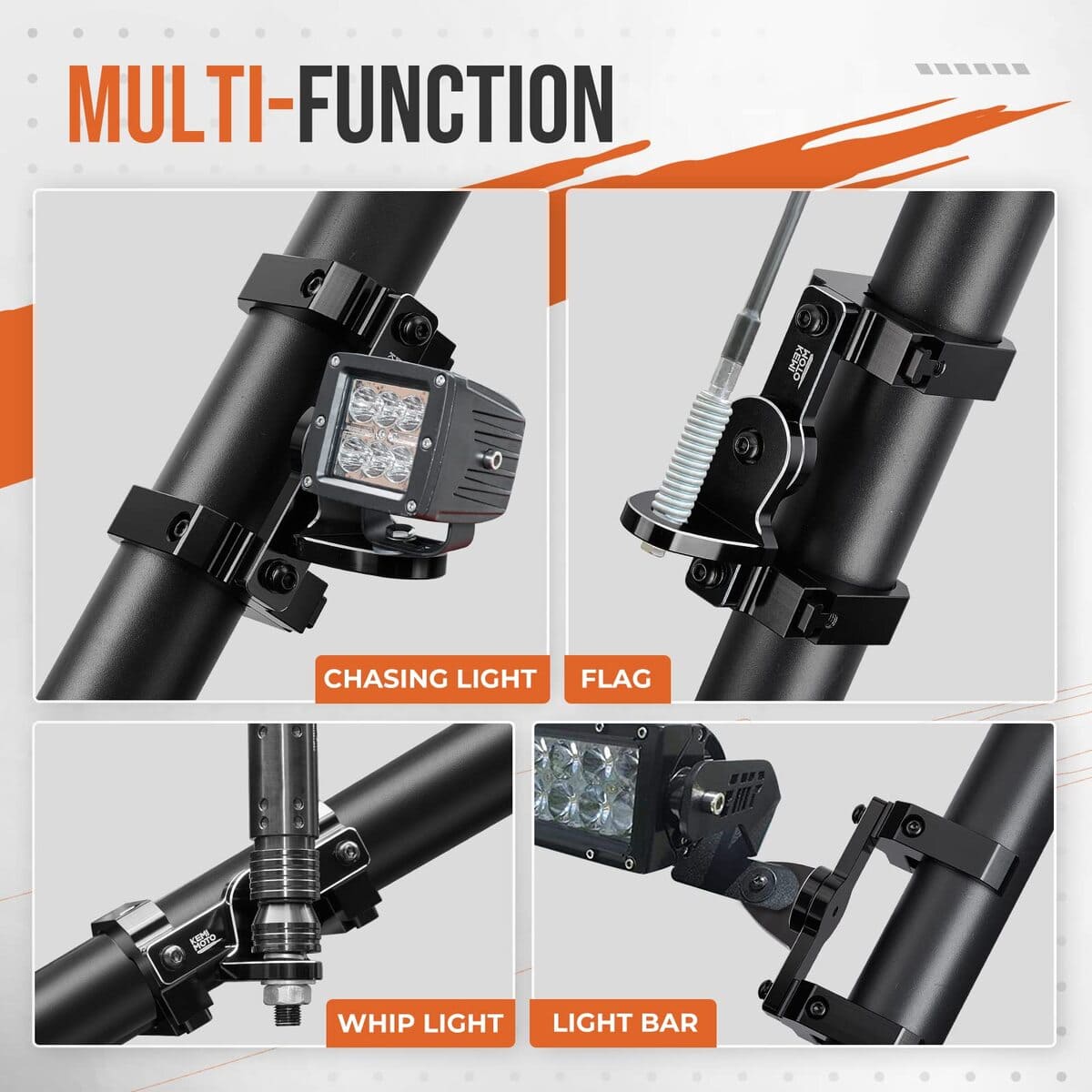 Kemimoto UTV Aluminum Whip Light Mount for 1.5 to 2" Roll Cage