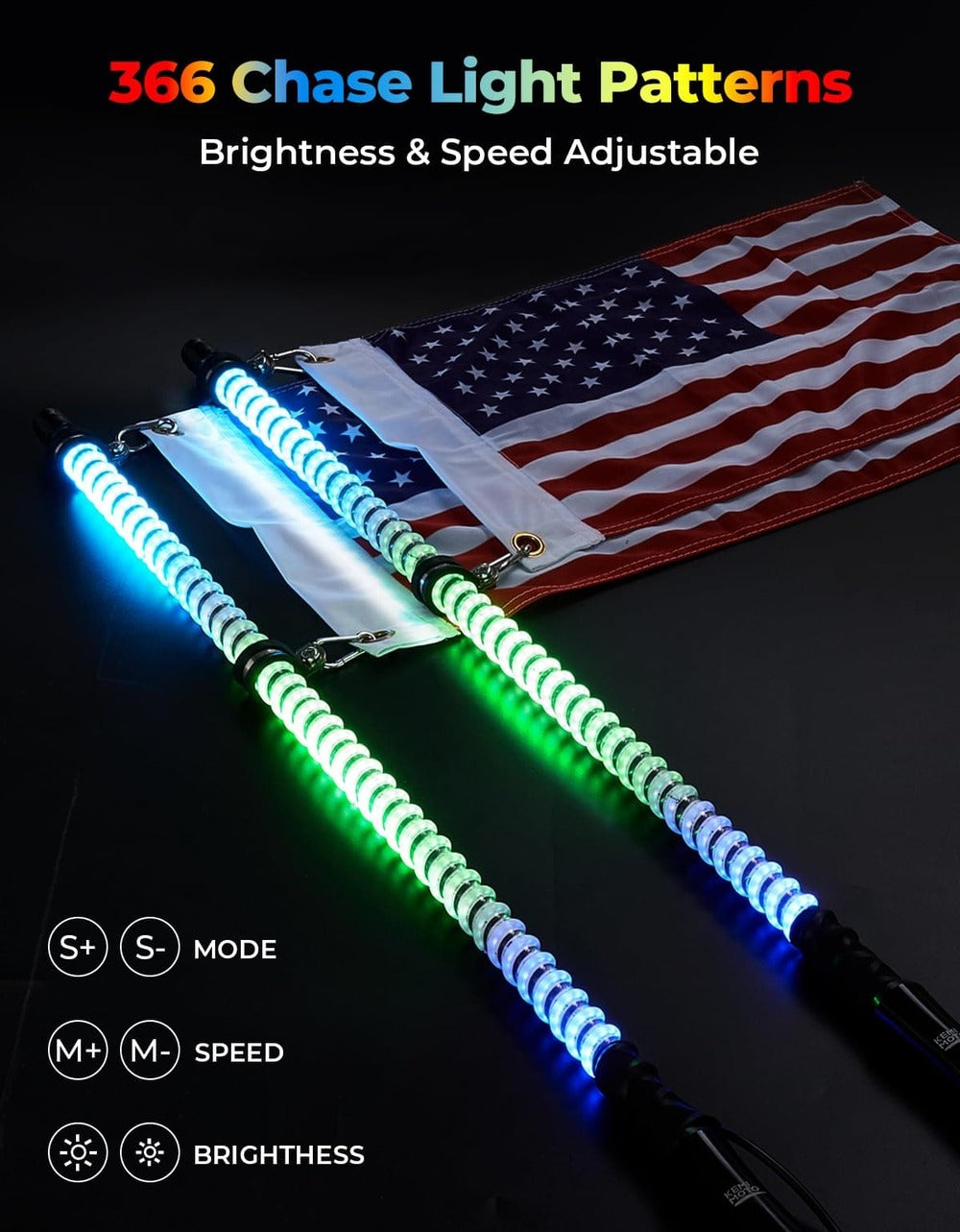 Kemimoto UTV/ATV 2Pcs 3ft COB Whip Lights w/App & Remote Control