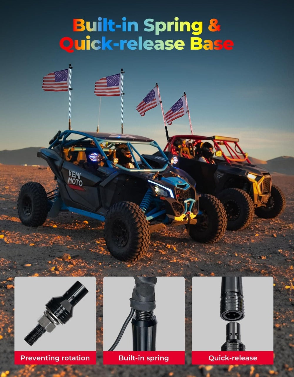 Kemimoto UTV/ATV 2Pcs 3ft COB Whip Lights w/App & Remote Control