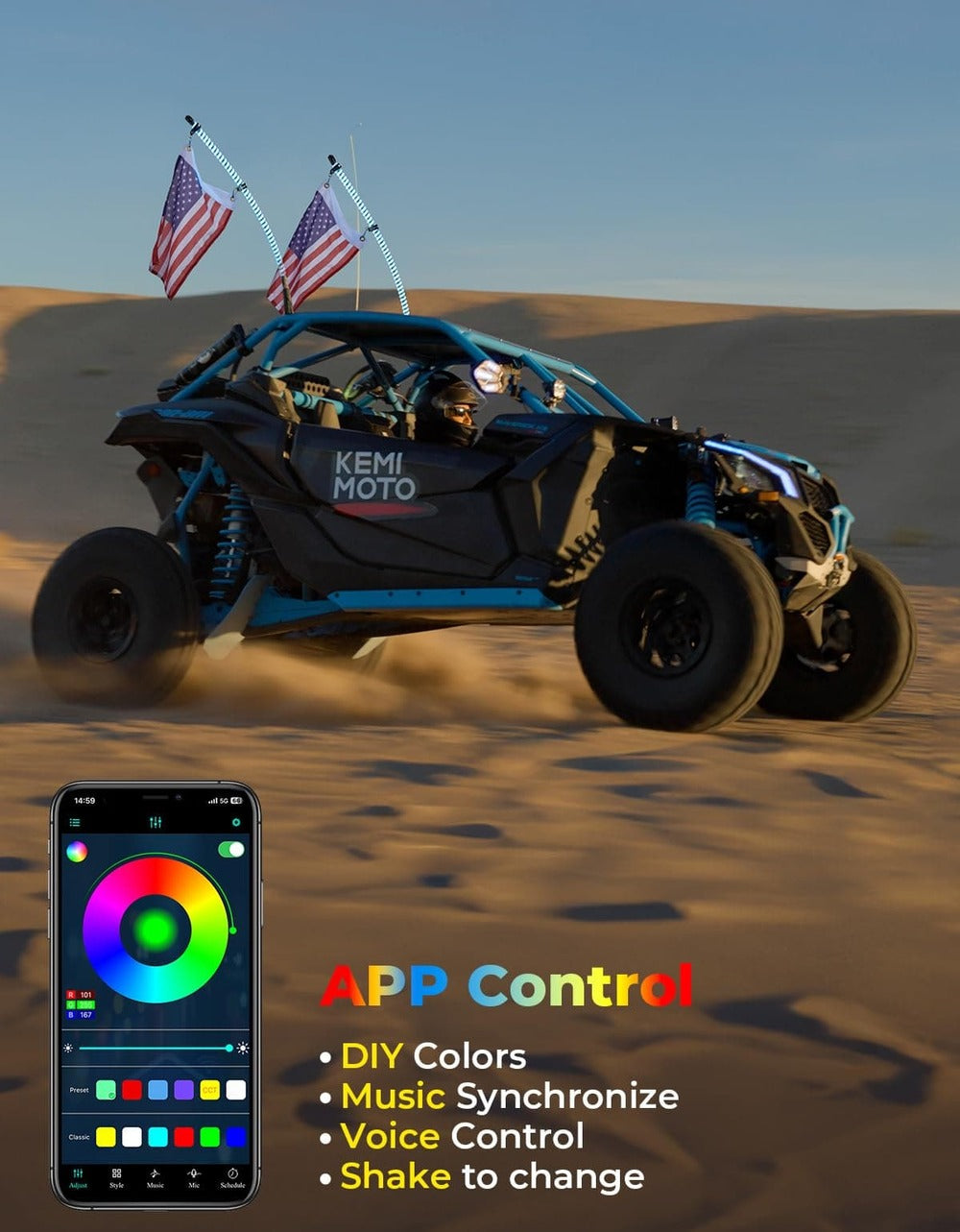 Kemimoto UTV/ATV 2Pcs 3ft COB Whip Lights w/App & Remote Control