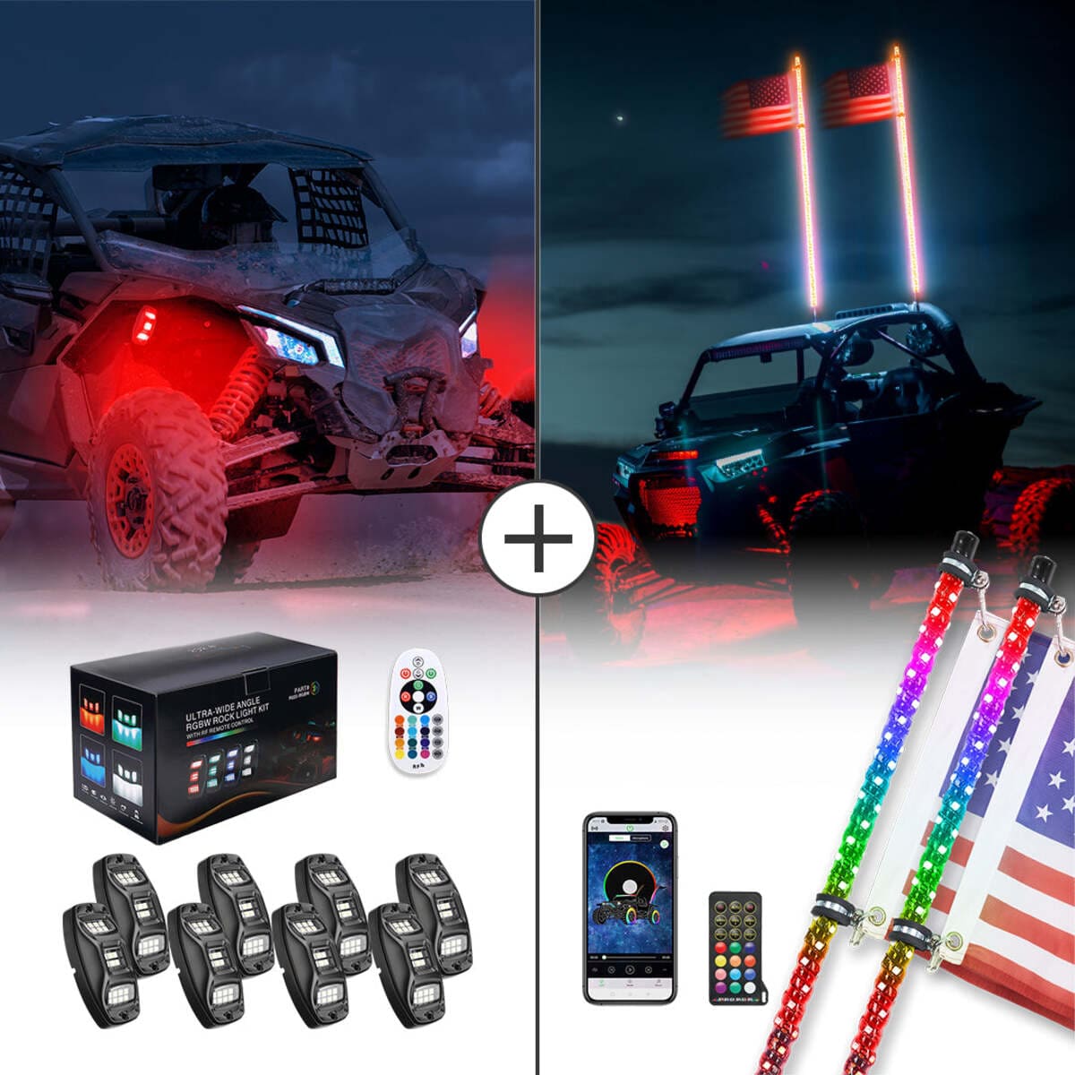 Kemimoto UTV / ATV 4-8 Pods RGB Rock Light Kit & Spiral Whip Lights