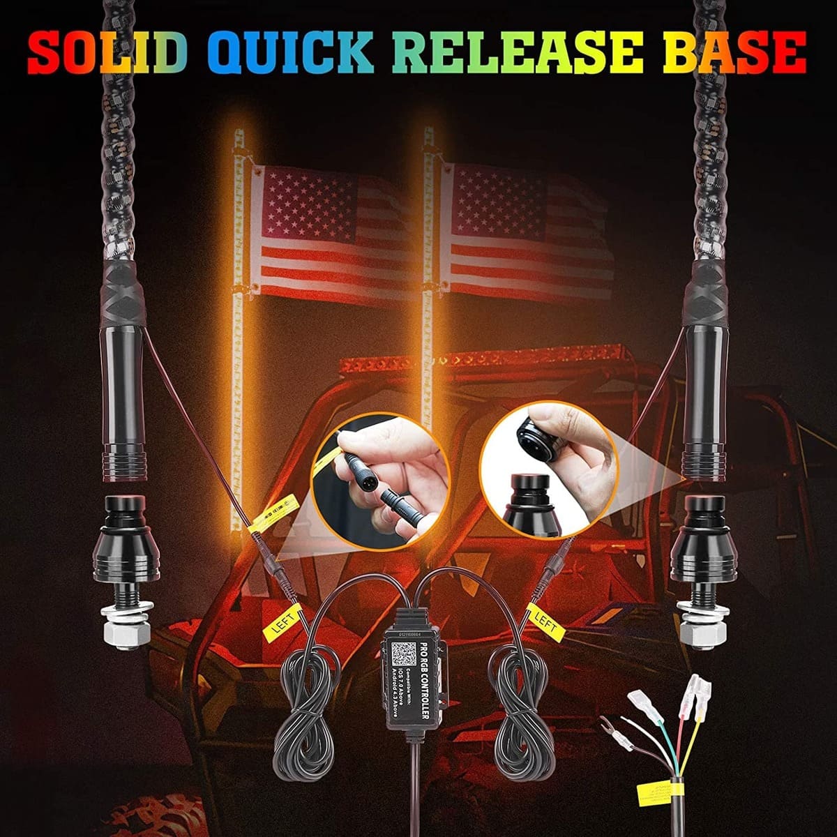 Kemimoto UTV / ATV 4-8 Pods RGB Rock Light Kit & Spiral Whip Lights