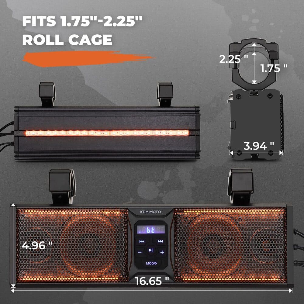 Kemimoto UTV/ATV BT 5.0 Amplified IP65 Waterproof Dustproof 16'' RGB Sound Bar