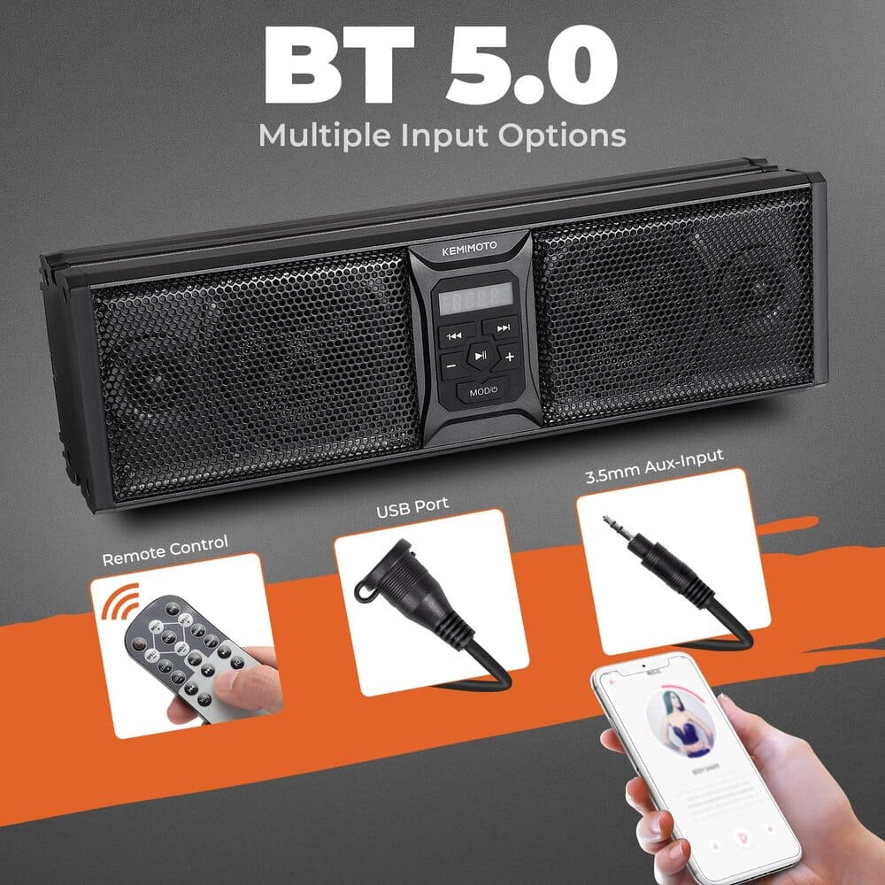 Kemimoto UTV/ATV BT 5.0 Amplified IP65 Waterproof Dustproof 16'' RGB Sound Bar