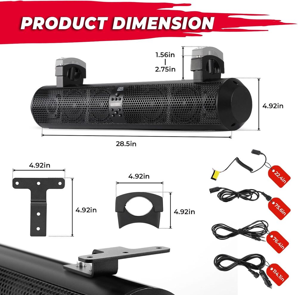 Kemimoto UTV Sound Bar System Bluetooth Speaker 500W 28" Outdoor Marine Soundbar