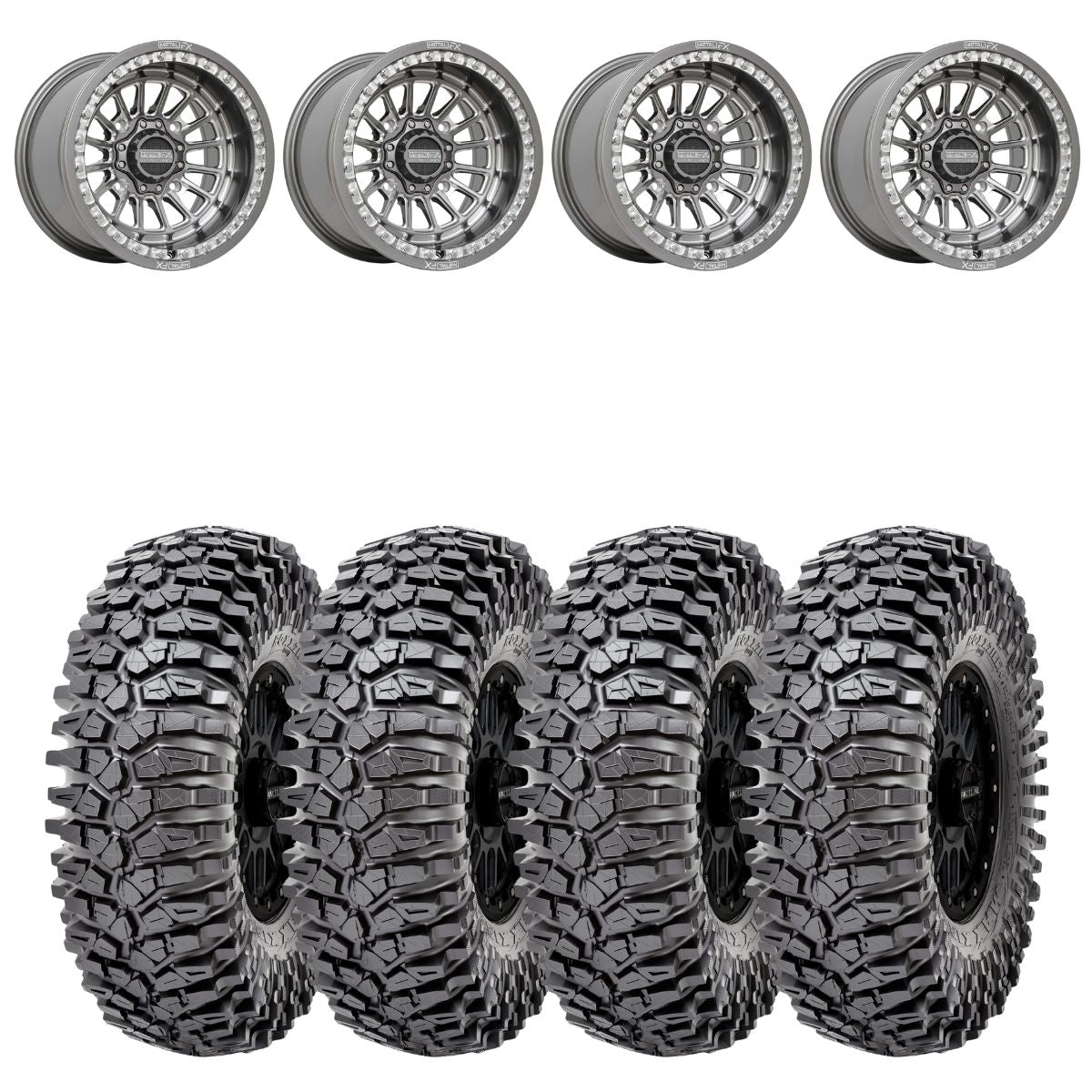 MetalFX Delta Gunmetal Contrast Cut Beadlock & Maxxis Roxxzilla Radial Wheel & Tire Kit