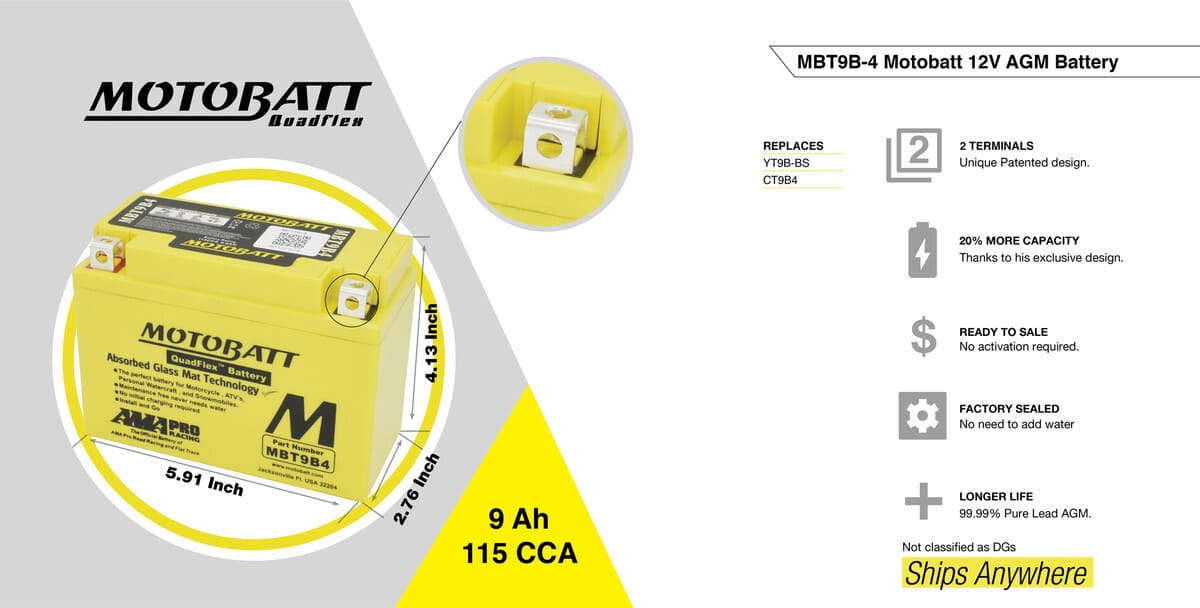 Motobatt 12V AGM Battery - MBT9B-4