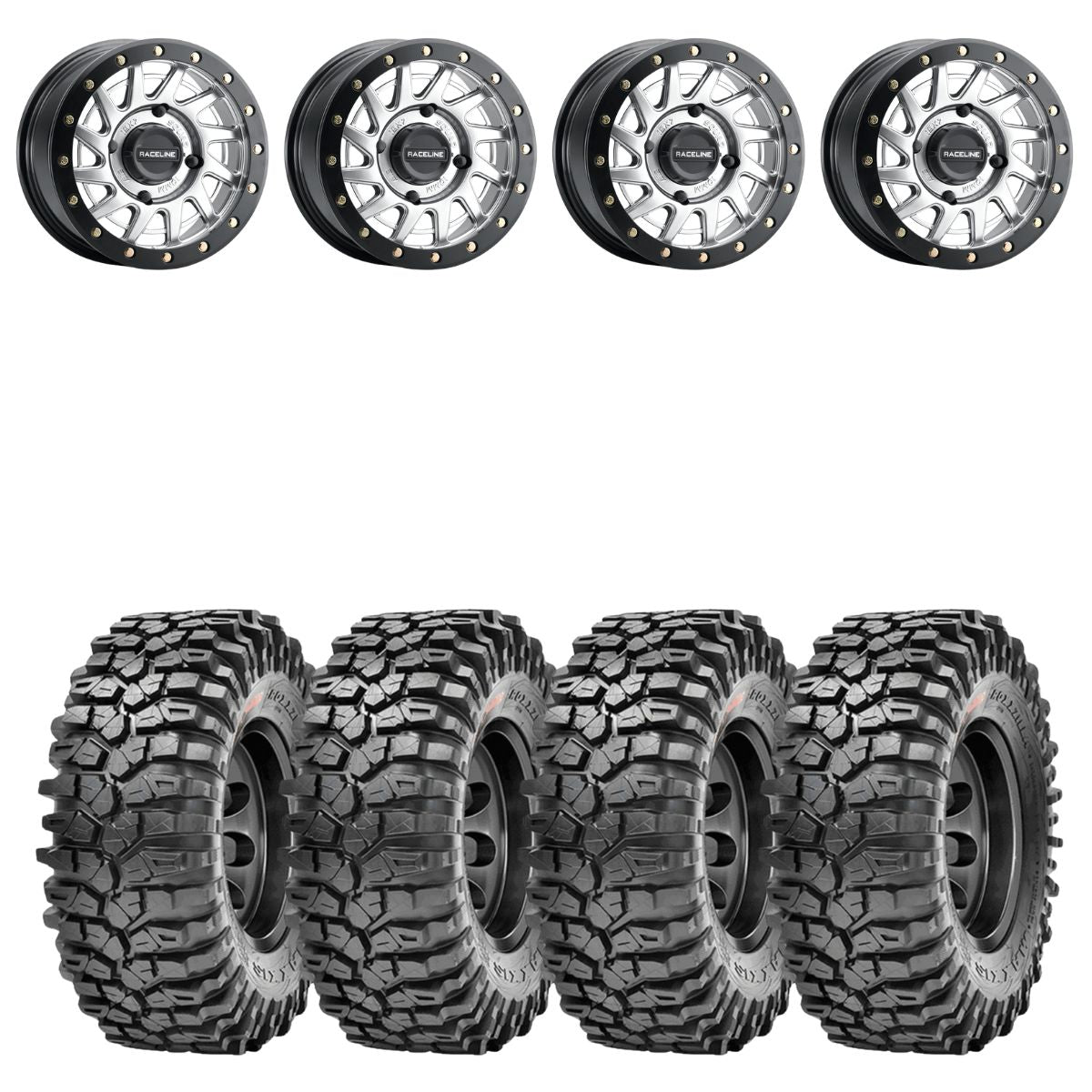 Raceline A12 Squad Hyper Silver Beadlock & Maxxis Roxxzilla Radial Wheel & Tire Kit