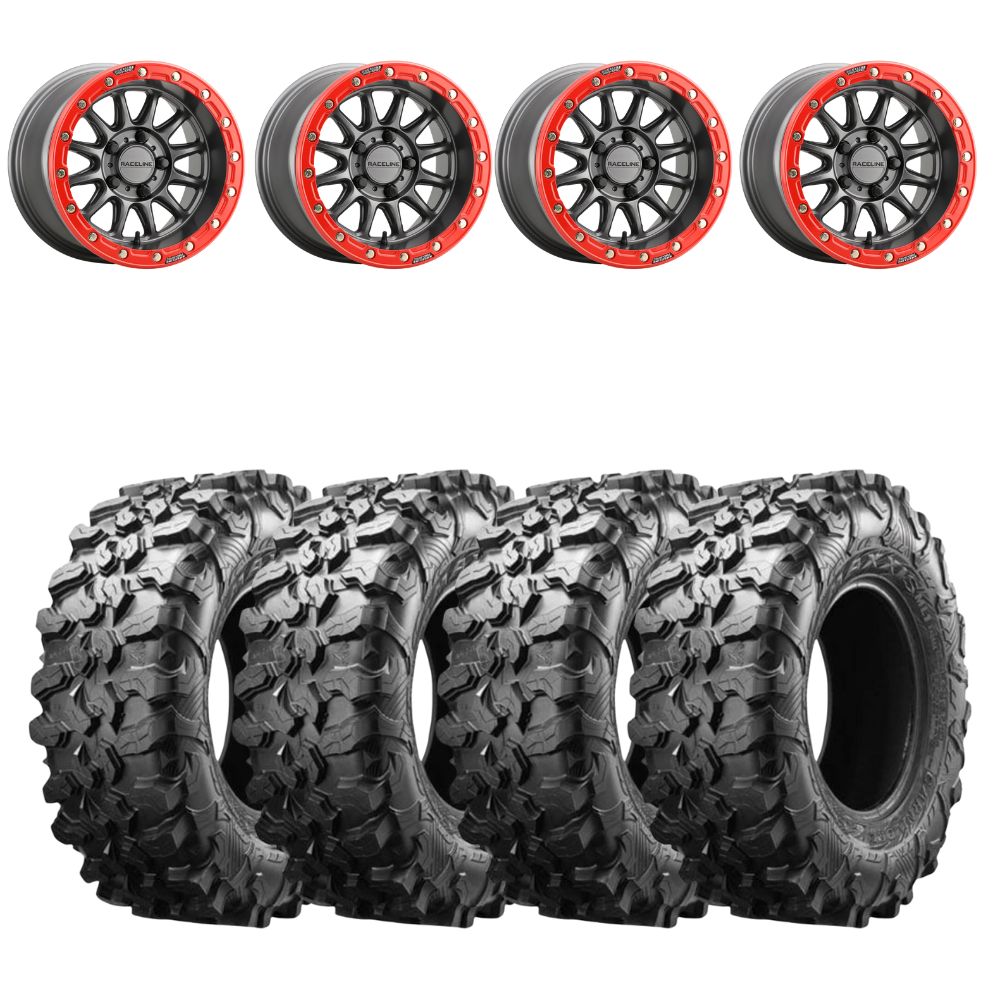 Raceline A14GR Gunmetal/Red Alpha 5-Lug Beadlock & Maxxis Carnivore Radial Wheel & Tire Kit