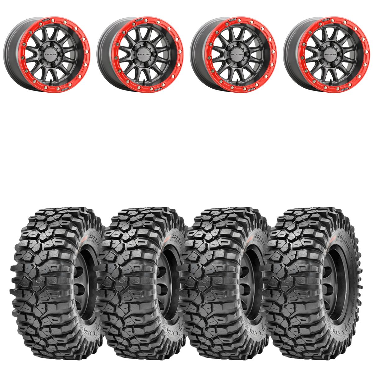 Raceline A14GR Gunmetal/Red Alpha 5 Lug Beadlock & Maxxis Roxxzilla Radial Wheel & Tire Kit