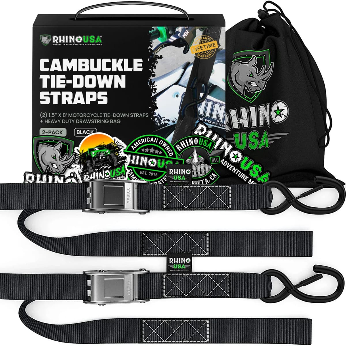 Rhino USA 1.5" x 8' Cambuckle 2-Pack Tie-Down Straps