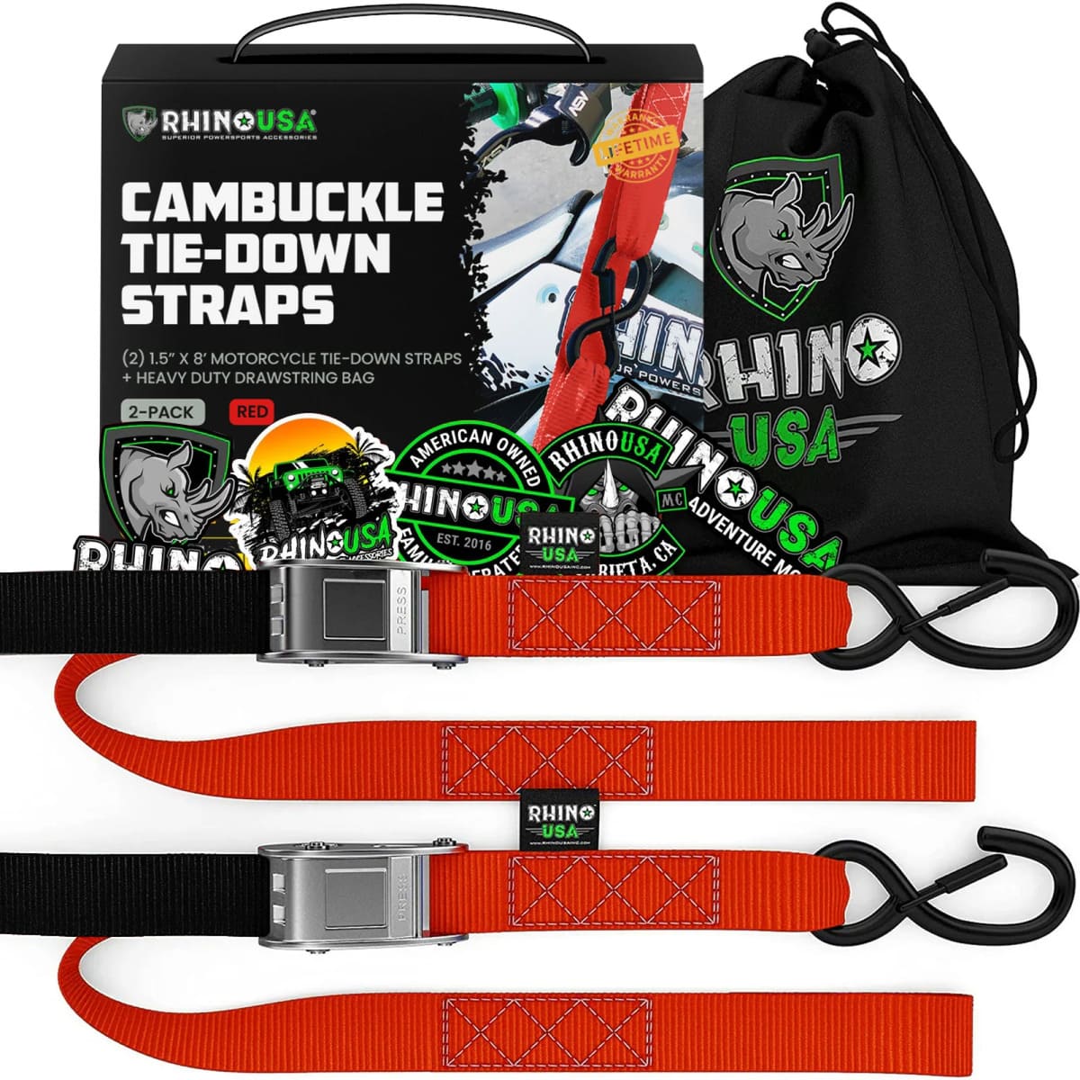 Rhino USA 1.5" x 8' Cambuckle 2-Pack Tie-Down Straps