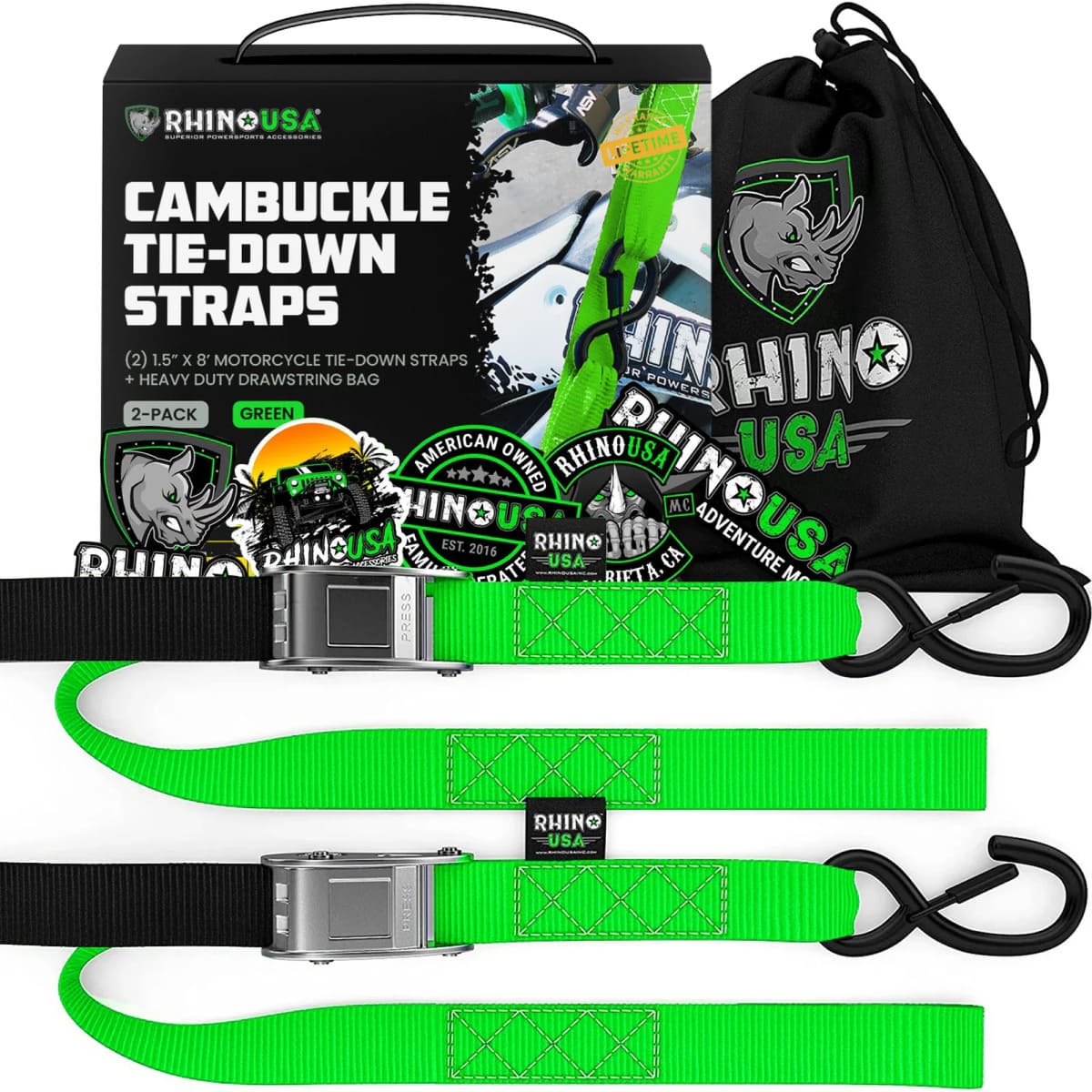 Rhino USA 1.5" x 8' Cambuckle 2-Pack Tie-Down Straps