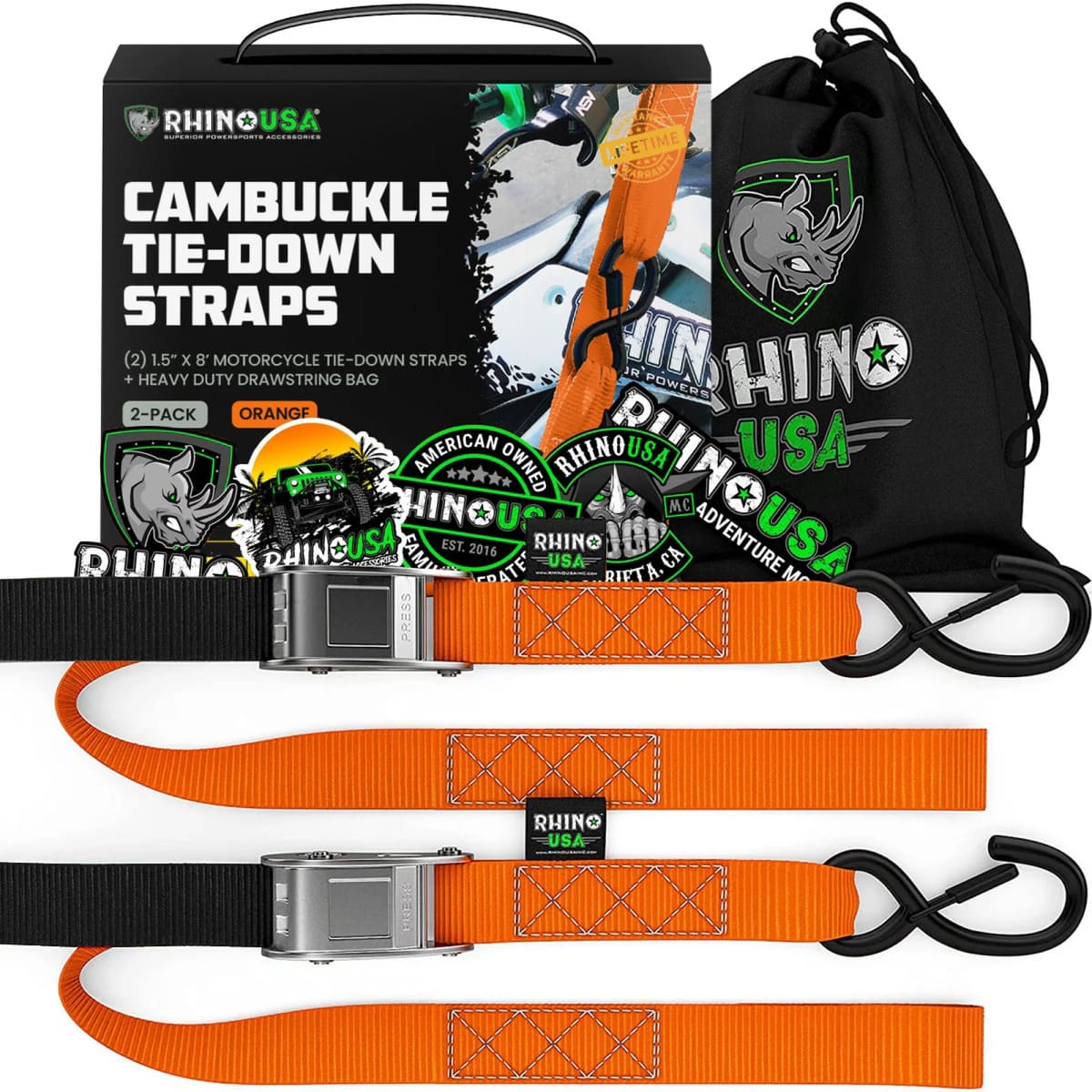 Rhino USA 1.5" x 8' Cambuckle 2-Pack Tie-Down Straps