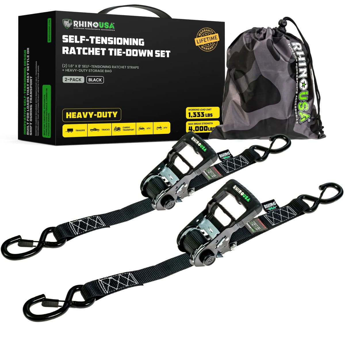 Rhino USA 1.6" Self-Tensioning Ratchet Straps