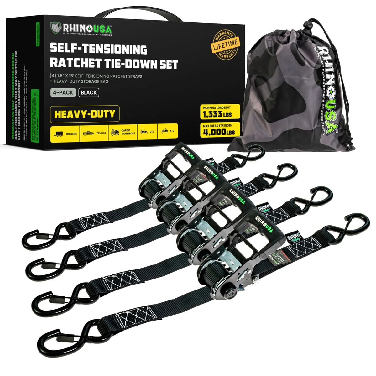 Rhino USA 1.6" Self-Tensioning Ratchet Straps