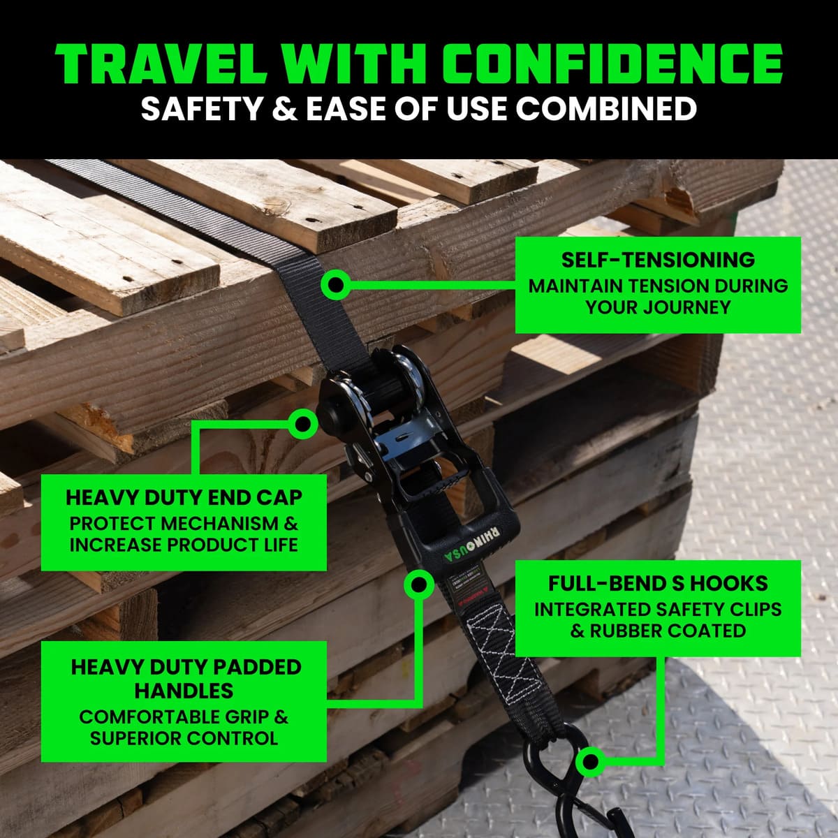 Rhino USA 1.6" Self-Tensioning Ratchet Straps