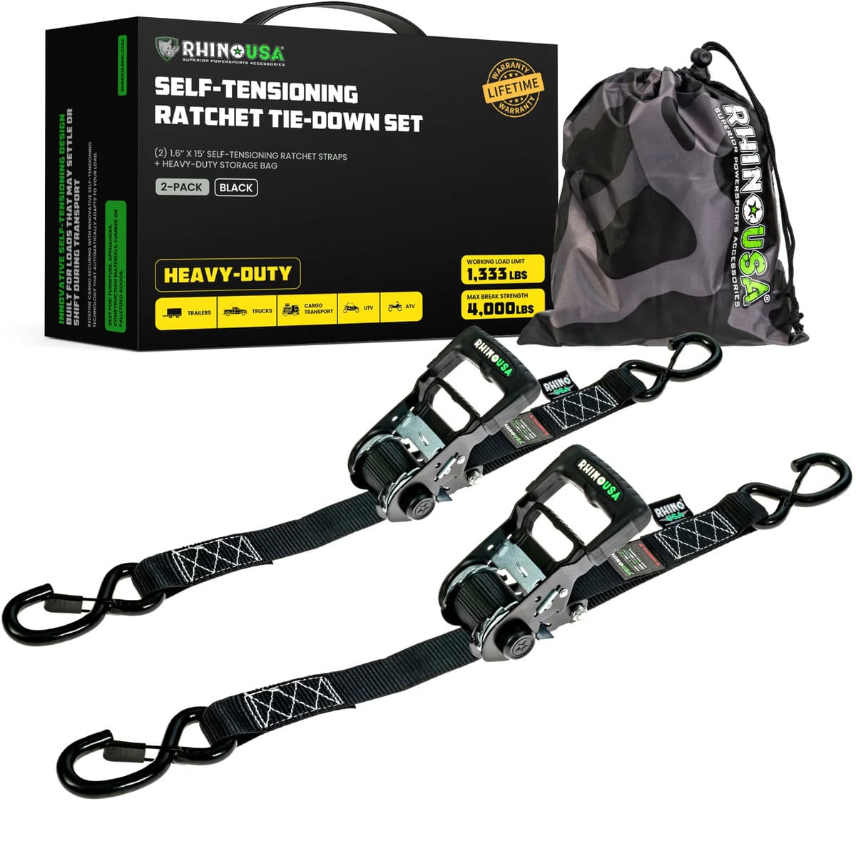 Rhino USA 1.6" Self-Tensioning Ratchet Straps