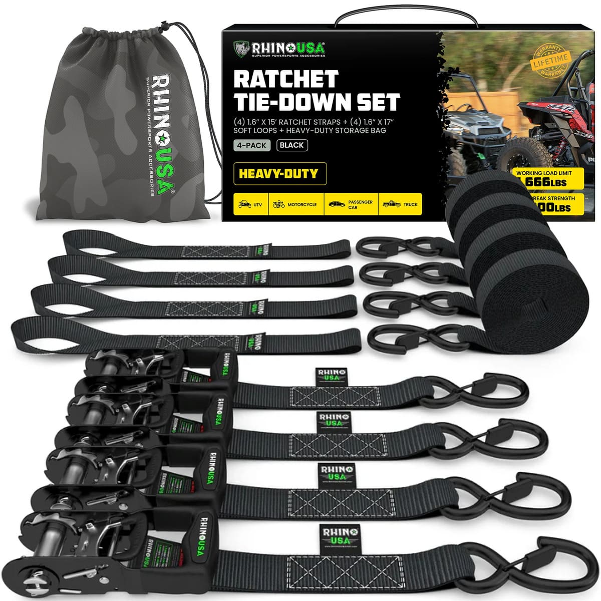 Rhino USA 1.6" x 15' HD 4 Pack Ratchet Tie-Down Set