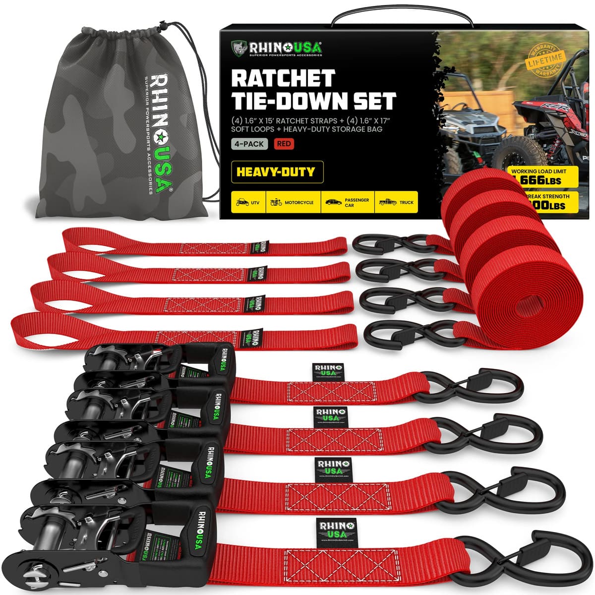 Rhino USA 1.6" x 15' HD 4 Pack Ratchet Tie-Down Set