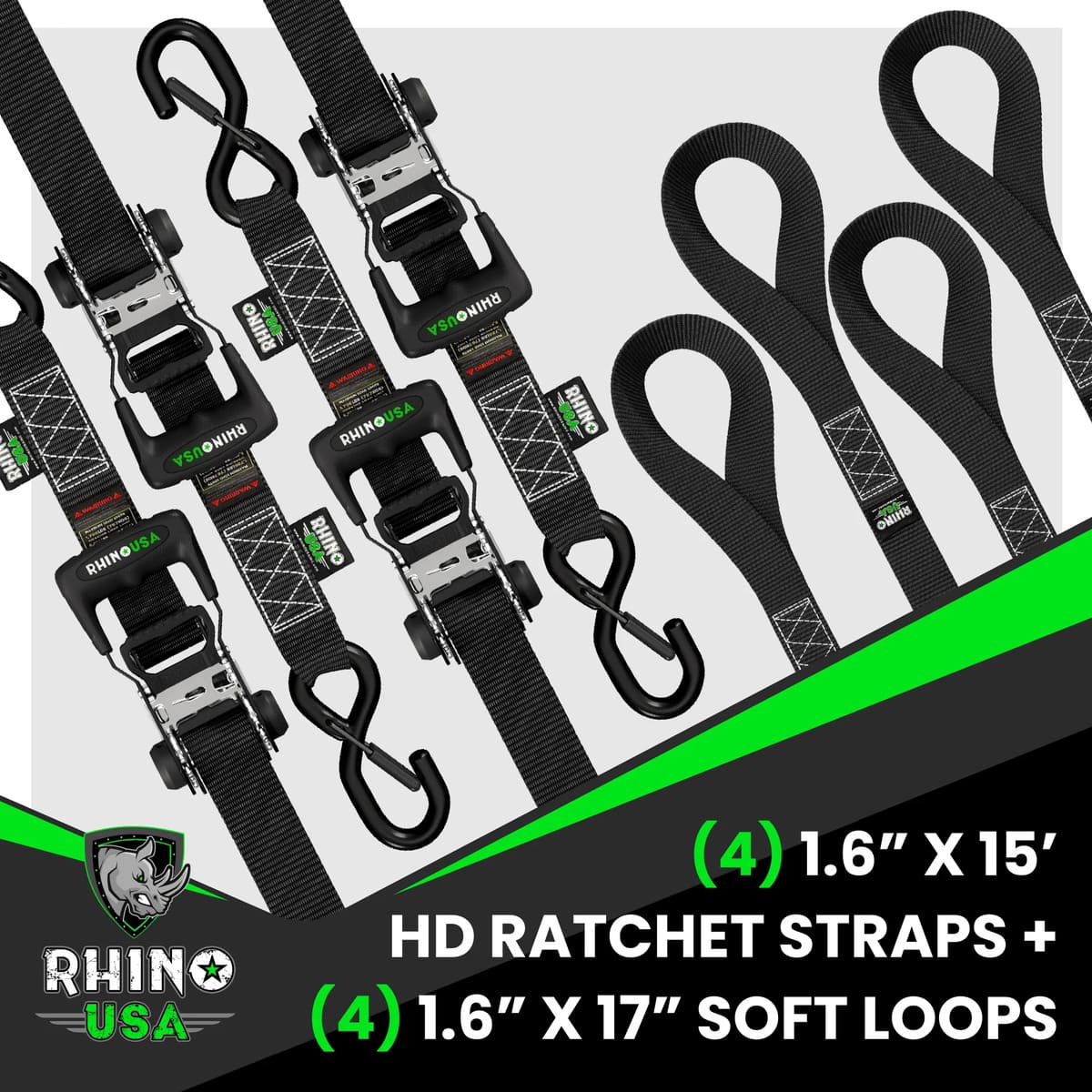 Rhino USA 1.6" x 15' HD 4 Pack Ratchet Tie-Down Set