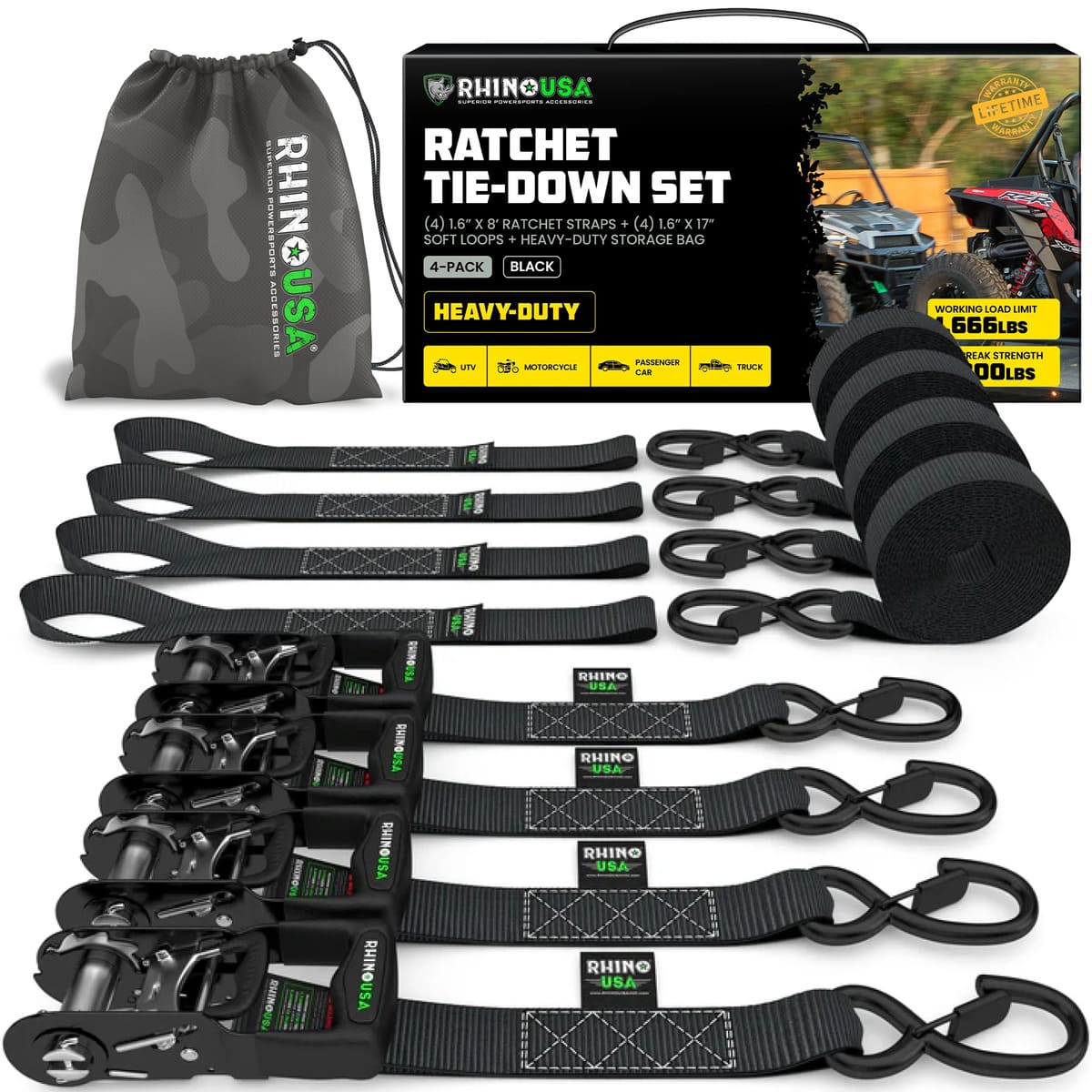 Rhino USA 1.6" x 8' HD 4-Pack Ratchet Tie-Down Set