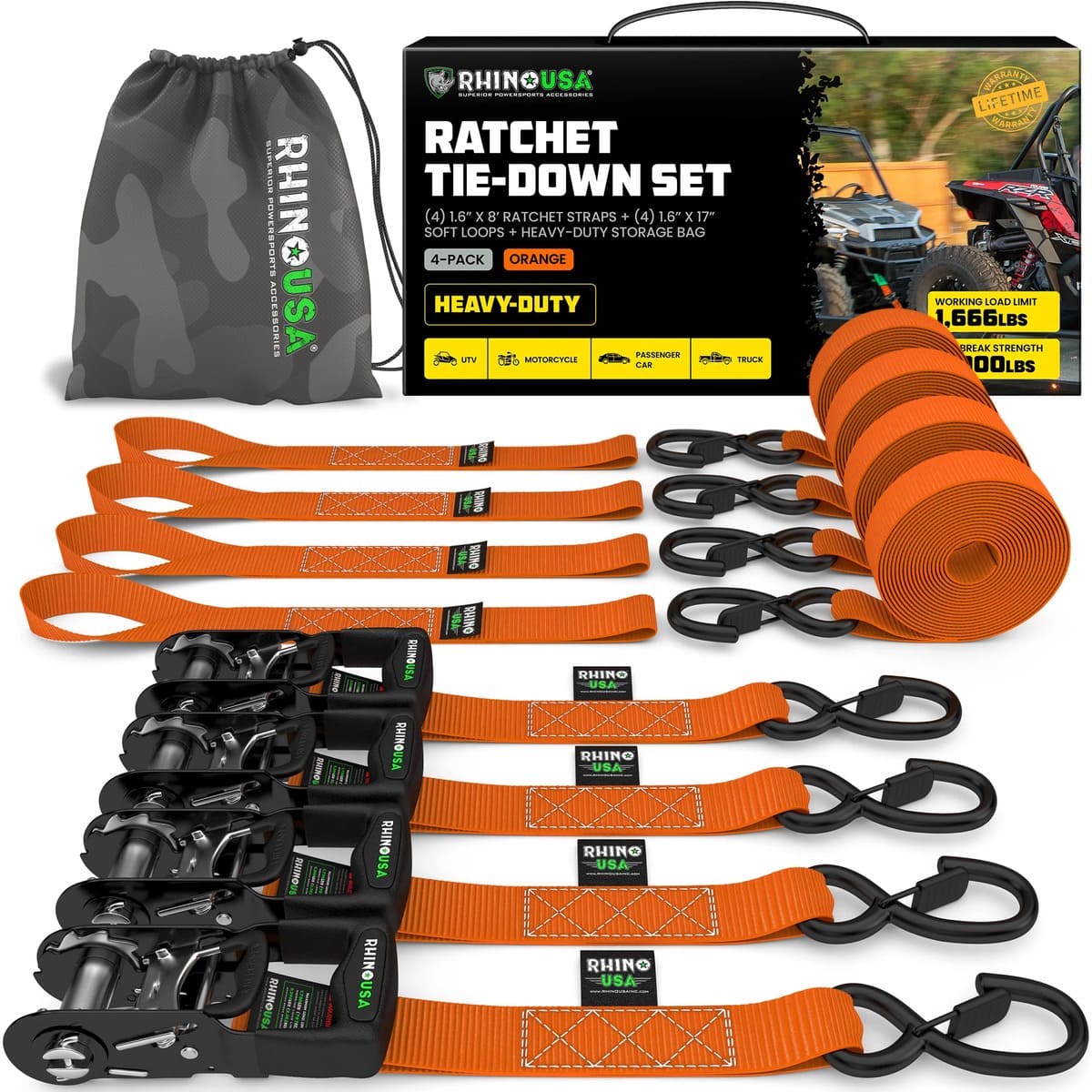 Rhino USA 1.6" x 8' HD 4-Pack Ratchet Tie-Down Set