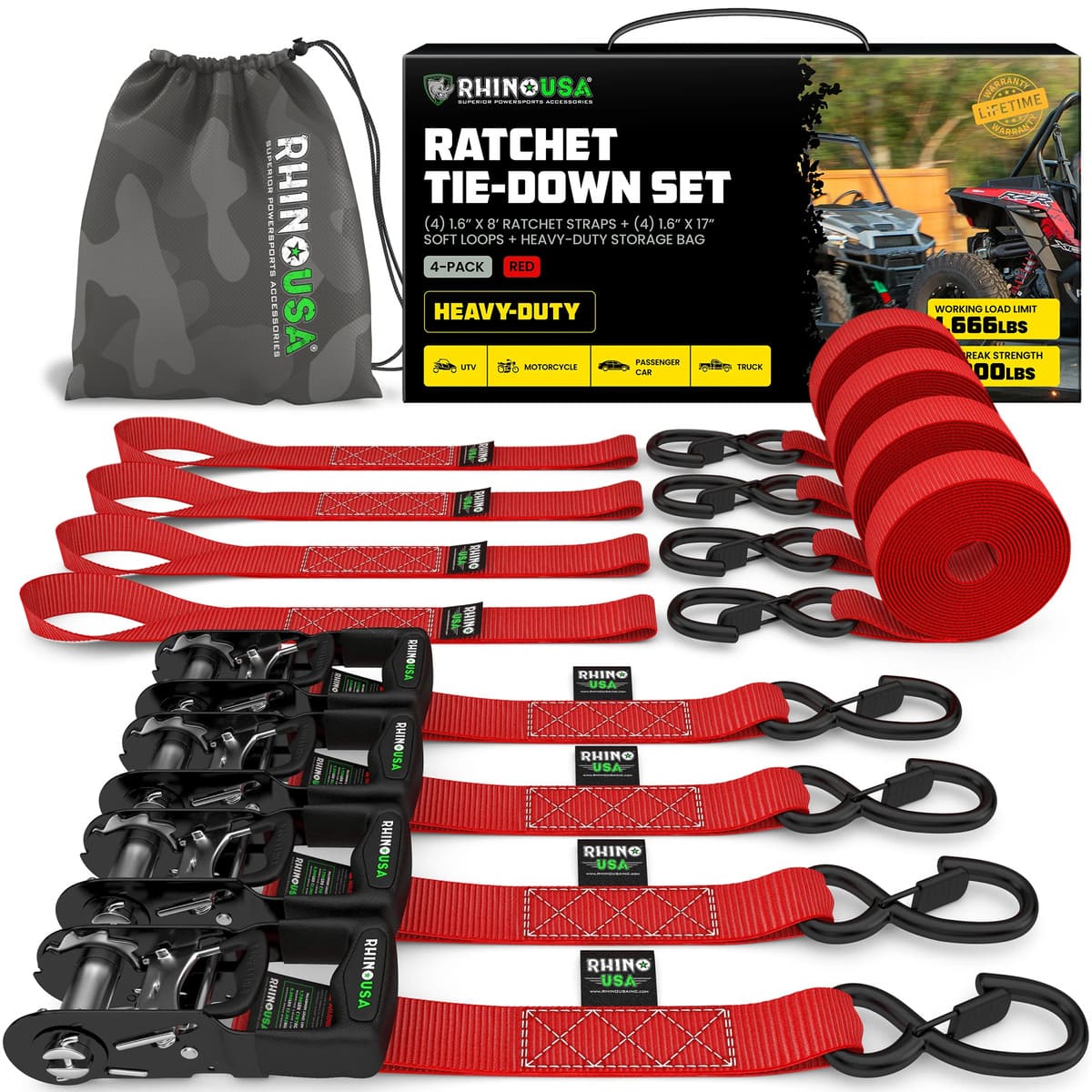 Rhino USA 1.6" x 8' HD 4-Pack Ratchet Tie-Down Set
