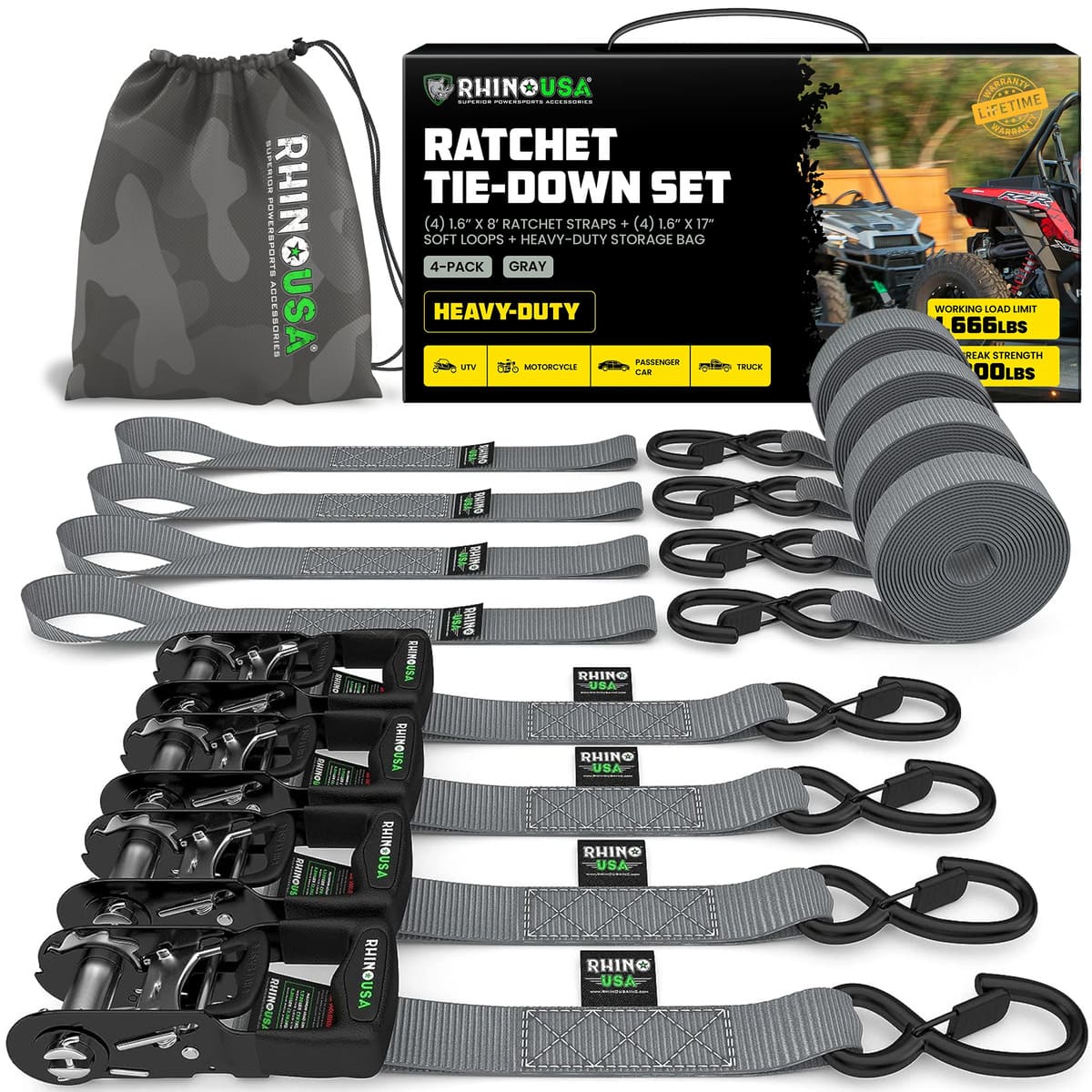 Rhino USA 1.6" x 8' HD 4-Pack Ratchet Tie-Down Set