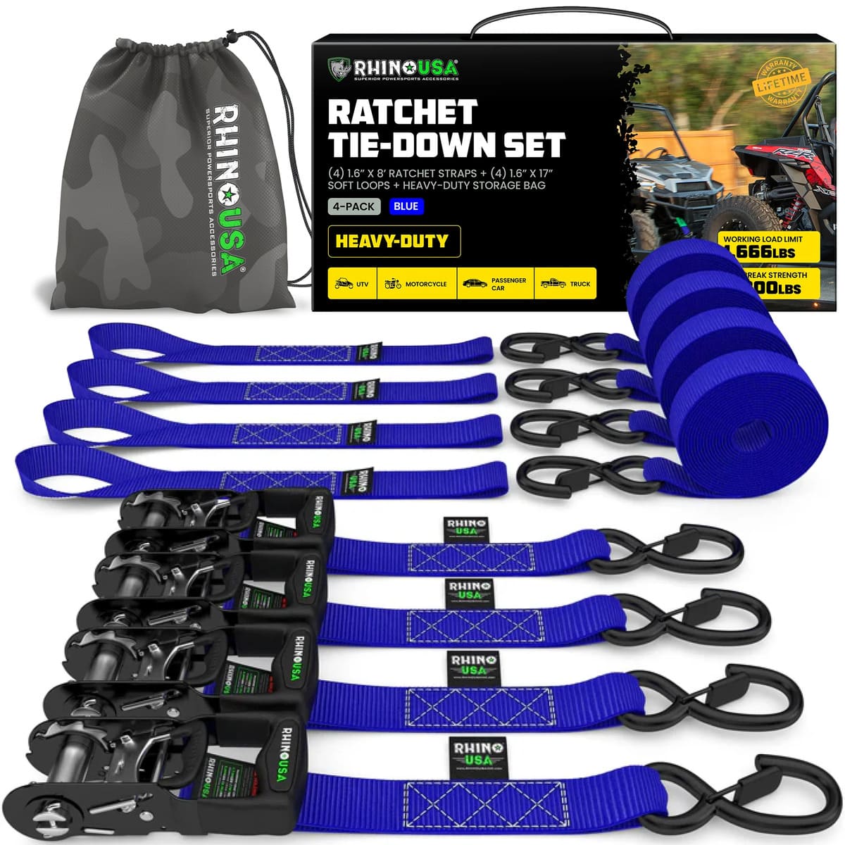 Rhino USA 1.6" x 8' HD 4-Pack Ratchet Tie-Down Set