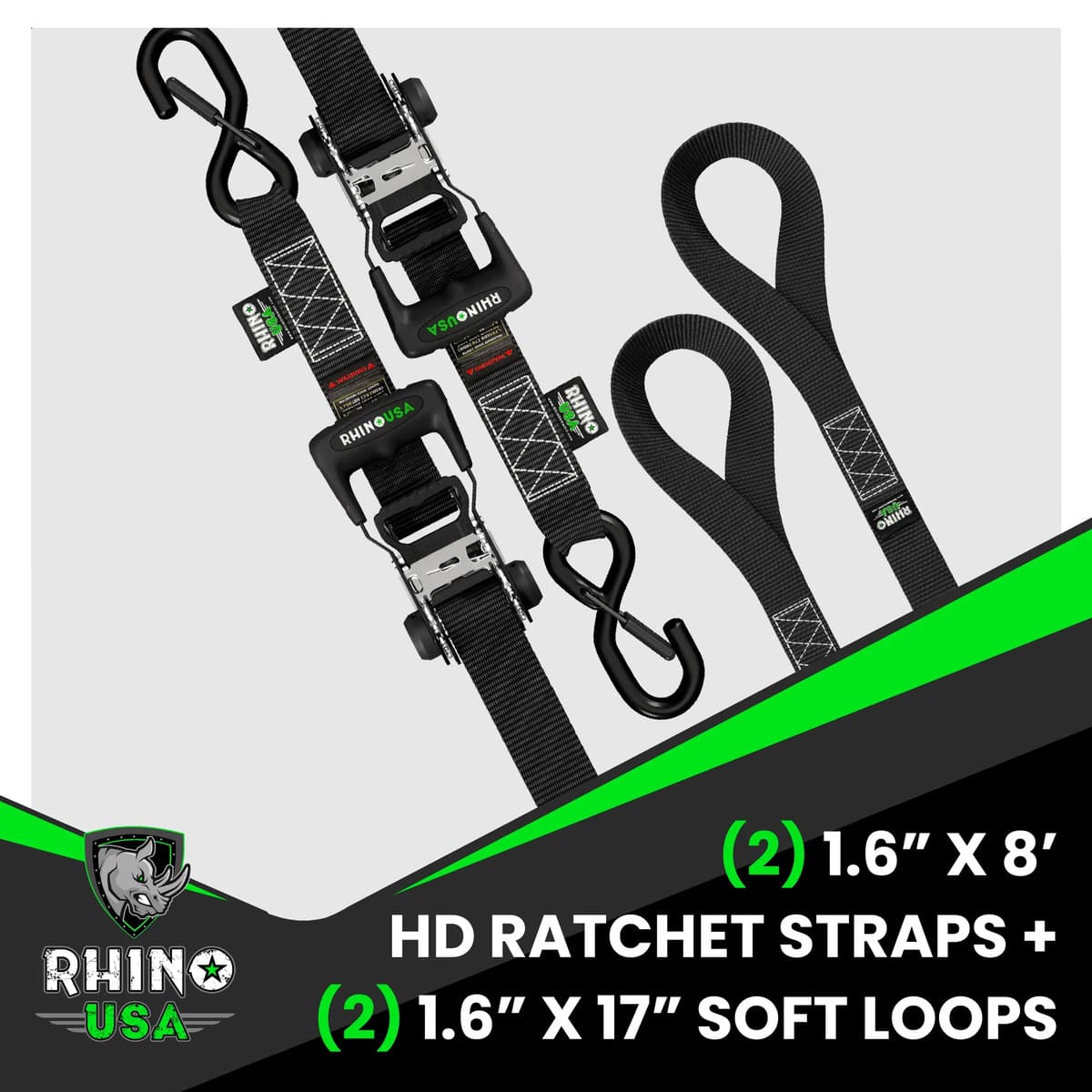 Rhino USA 1.6" x 8' HD Ratchet 2-Pack Tie-Down Set