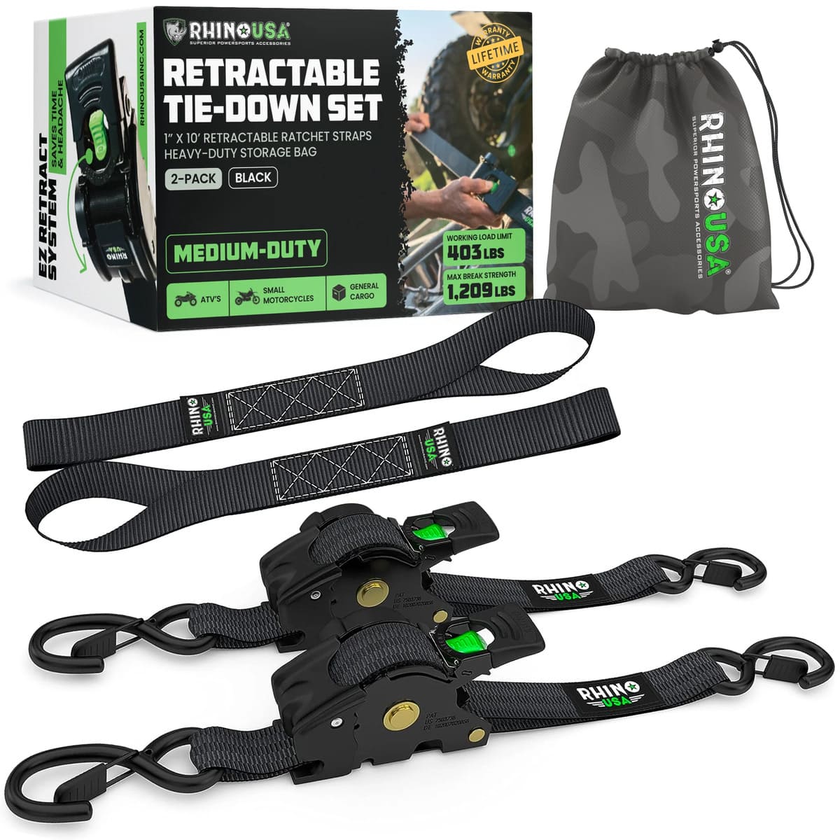 Rhino USA 1" x 10' Retractable Ratchet Straps