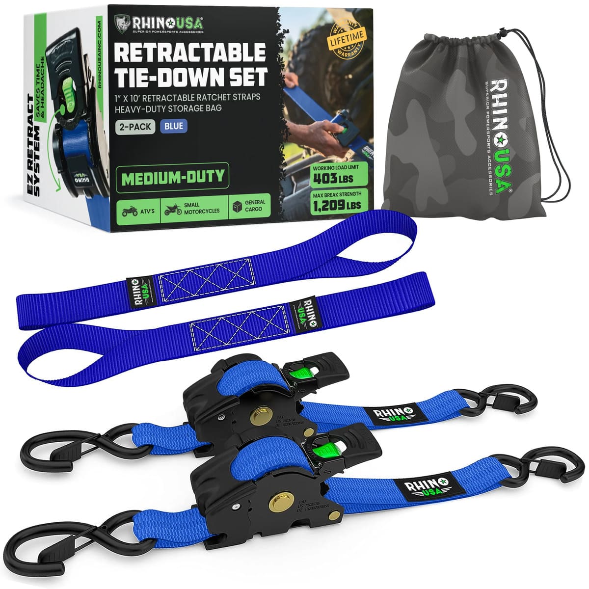 Rhino USA 1" x 10' Retractable Ratchet Straps