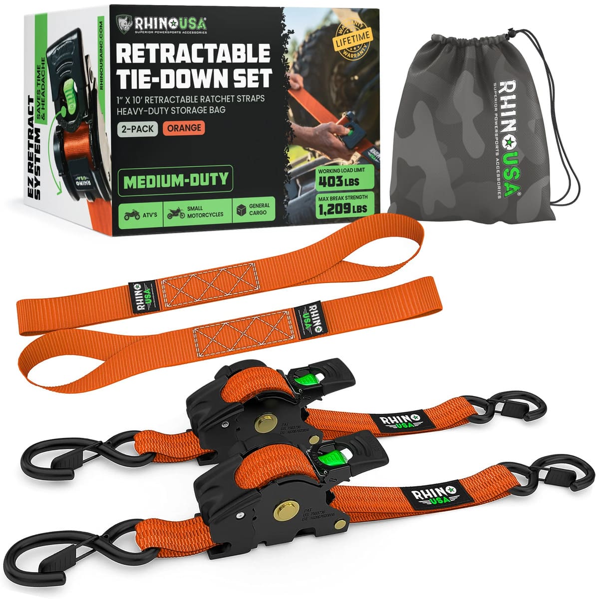 Rhino USA 1" x 10' Retractable Ratchet Straps