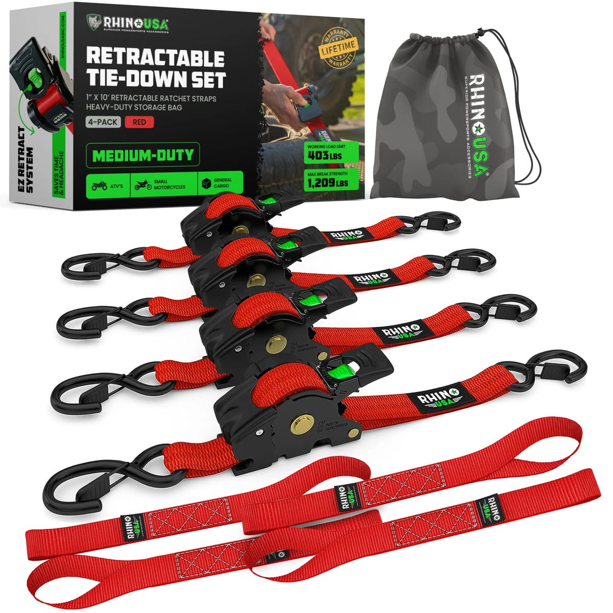 Rhino USA 1" x 10' Retractable Ratchet Straps