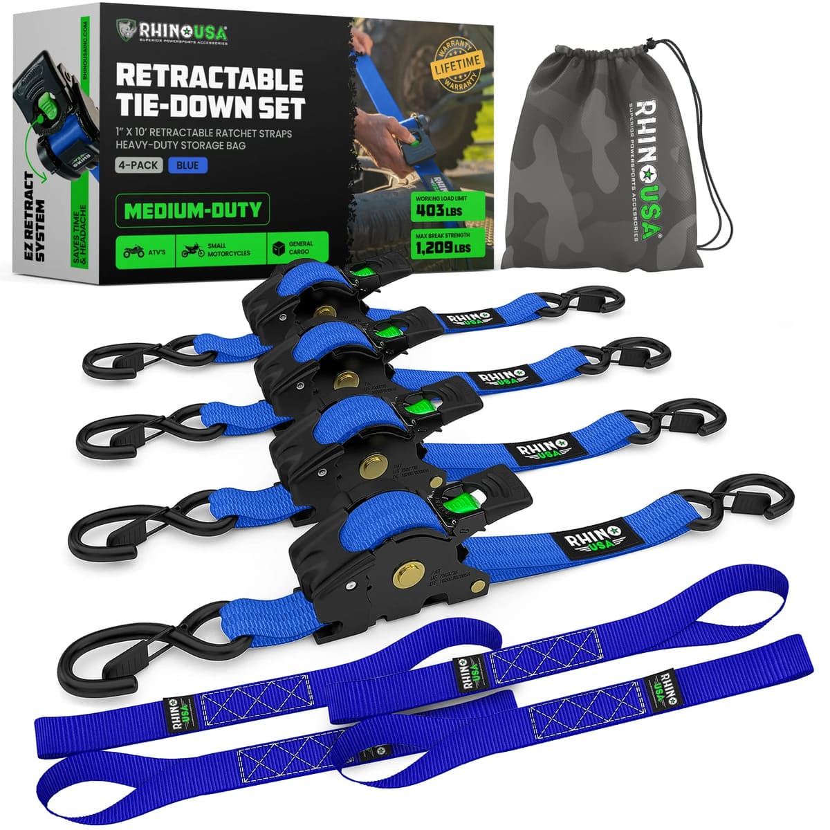Rhino USA 1" x 10' Retractable Ratchet Straps