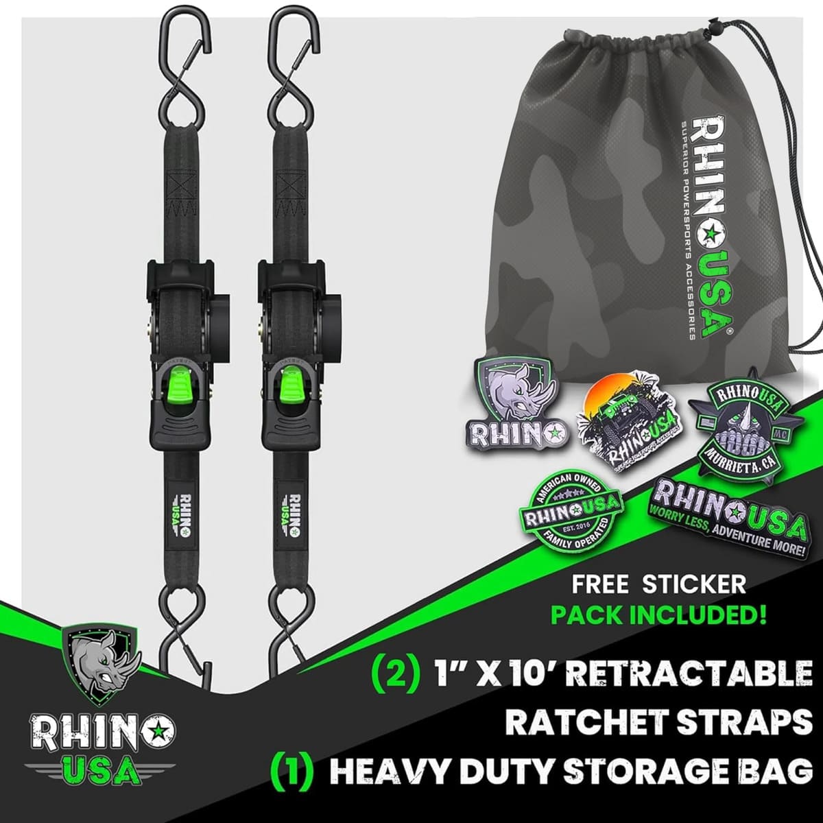 Rhino USA 1" x 10' Retractable Ratchet Straps