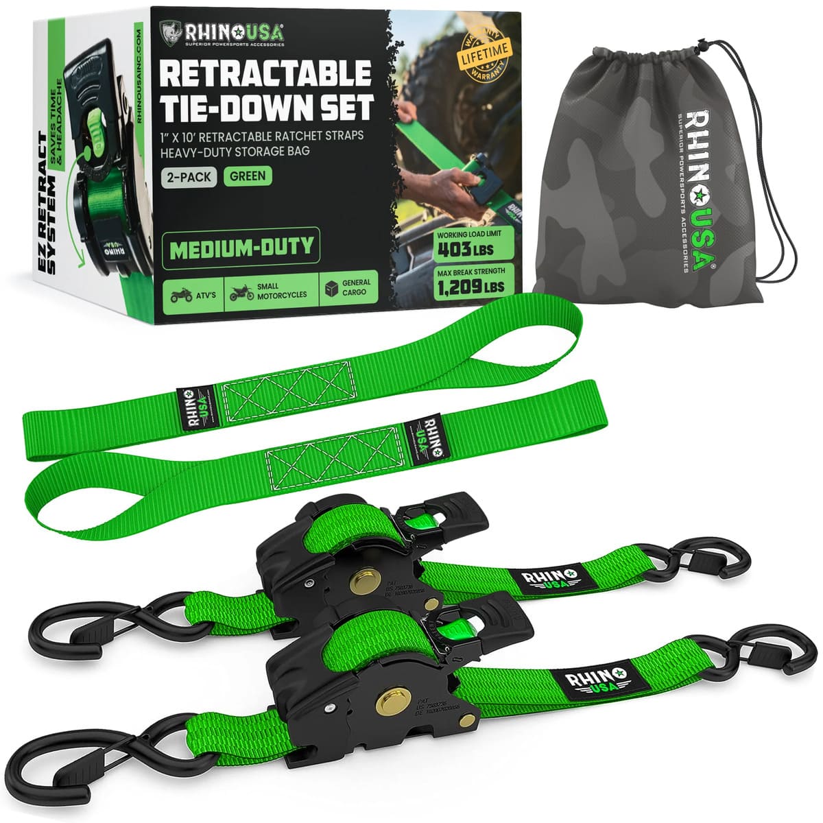 Rhino USA 1" x 10' Retractable Ratchet Straps