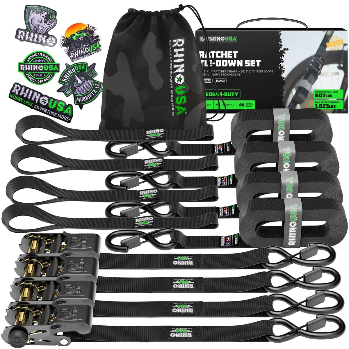 Rhino USA 1" x 15' 4-Pack Ratchet Tie-Down Set