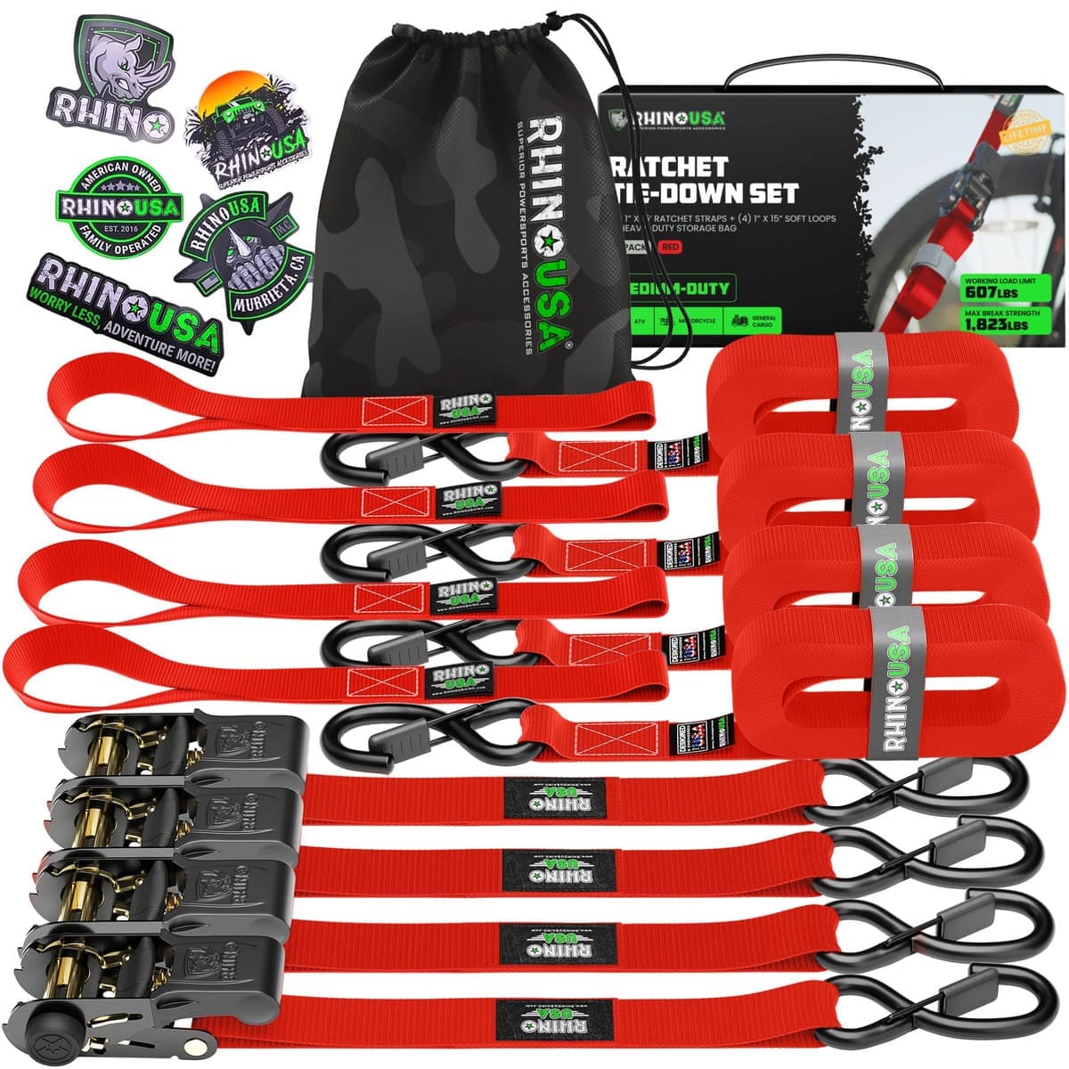 Rhino USA 1" x 15' 4-Pack Ratchet Tie-Down Set