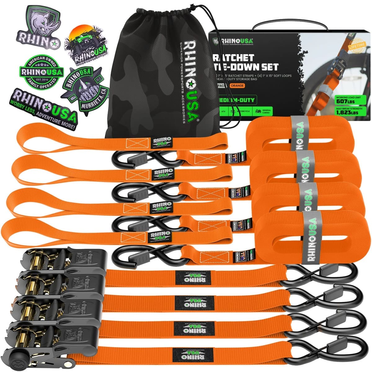 Rhino USA 1" x 15' 4-Pack Ratchet Tie-Down Set