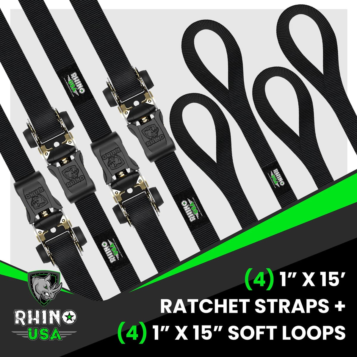 Rhino USA 1" x 15' 4-Pack Ratchet Tie-Down Set