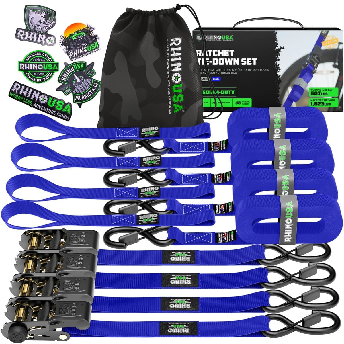 Rhino USA 1" x 15' 4-Pack Ratchet Tie-Down Set