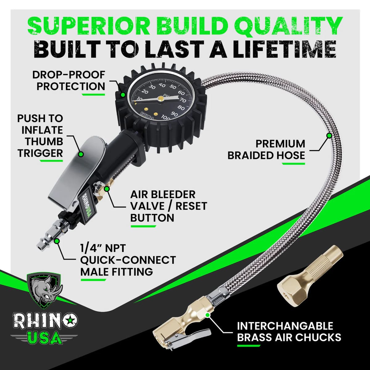 Rhino USA 100 PSI Tire Inflator Gauge