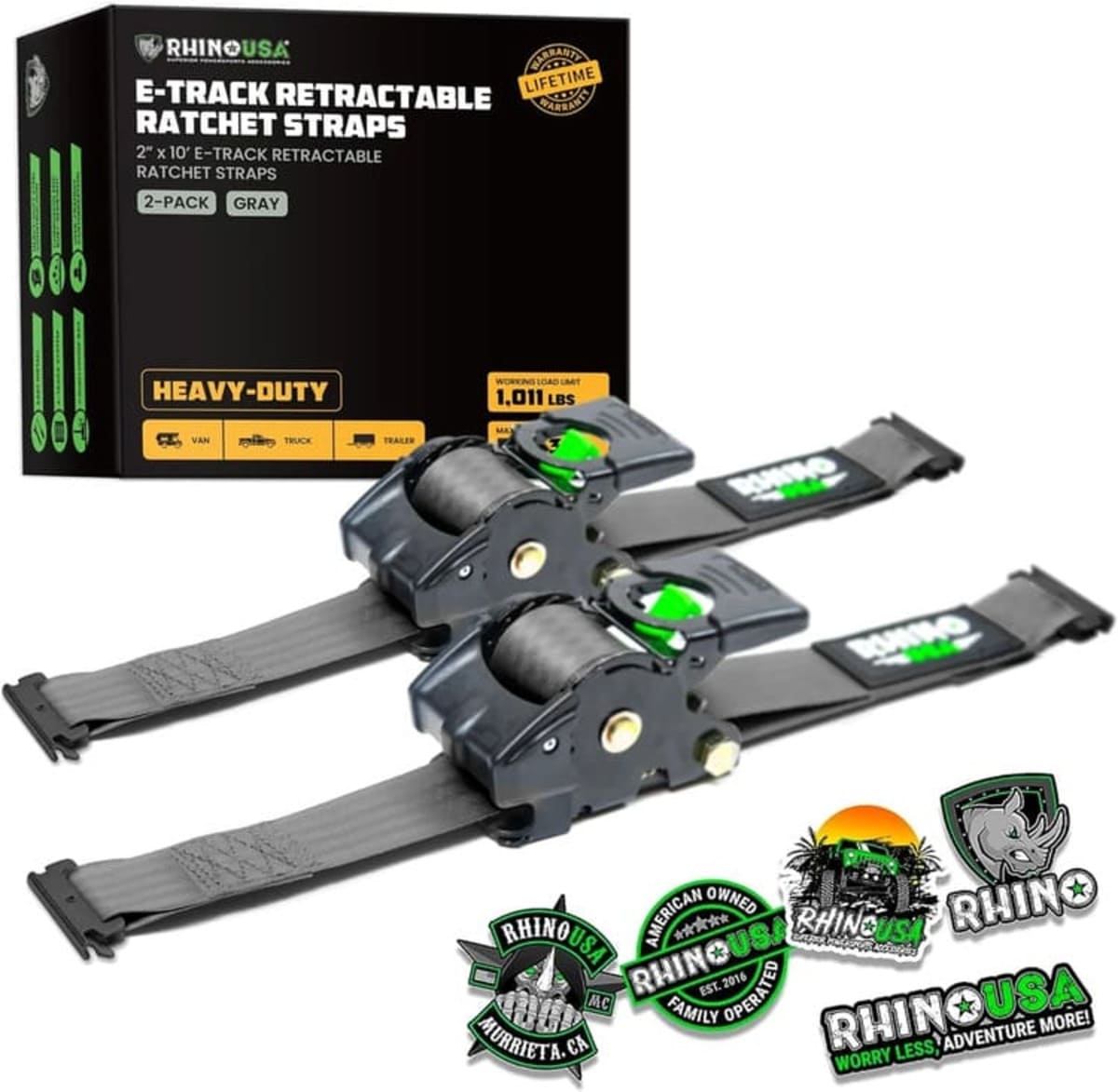 Rhino USA 2" x 10' Retractable E-Track Ratchet Straps